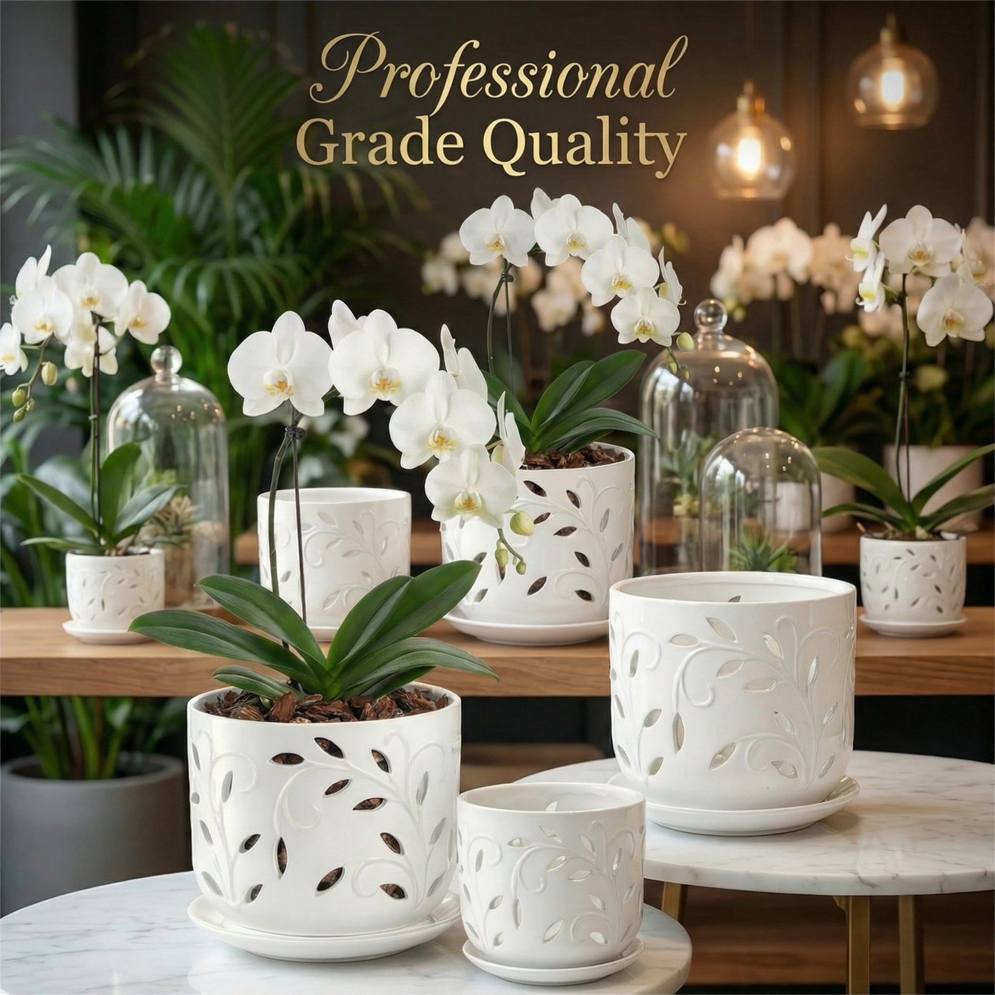 BUYMAX 5" & 6" Ceramic Orchid Pots with Holes and Trays, Leaf Lattice Alabaster White, Set of 2
