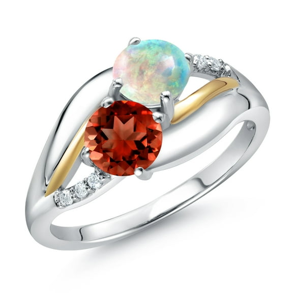 Gem Stone King 925 Sterling Silver and 10K Yellow Gold Red Garnet White Simulated Opal and Lab Grown Diamond 2 Stone Engagement Ring for Women (1.54 Cttw, Round, January Birthstone, Size 9)