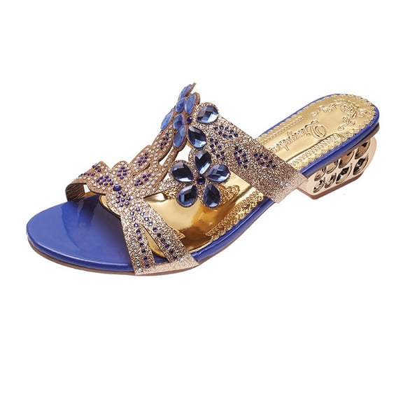Nrmvnmi Women's Low Heels Slides Open Toe Summer Rhinestone Color Diamond One Line Thick Sole Trendy Wedge Sandals Blue Mothers Day Gifts