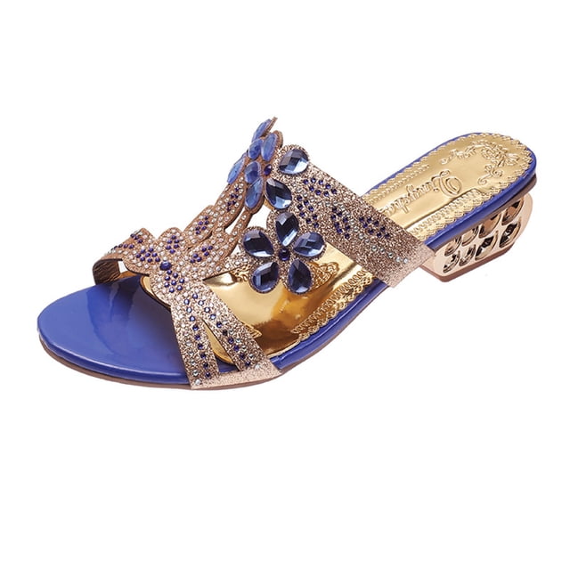 Virmaxy Womens Platform Sandals Women's Summer New Rhinestone Color Diamond One Line Thick Sole Fashion Wedge Sandals Blue 40