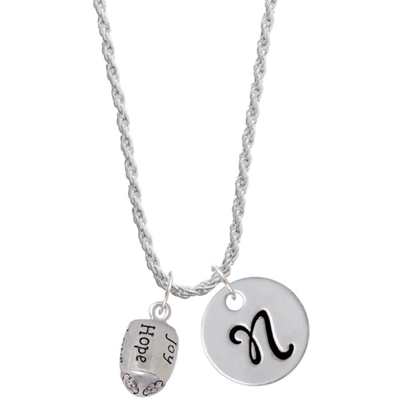 Delight Jewelry Silvertone Love, Faith, Pray, Peace, Joy, Hope Spinner Silvertone Script Initial Disc - N - Charm Necklace, 20"+3"