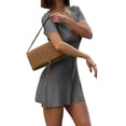 thumbnail image 3 of Women Deep V Neck Button Front Knit Mini Dress Elegant Short Sleeve Ribbed Flowy Hem A-Line Short Dress Gray S, 3 of 9