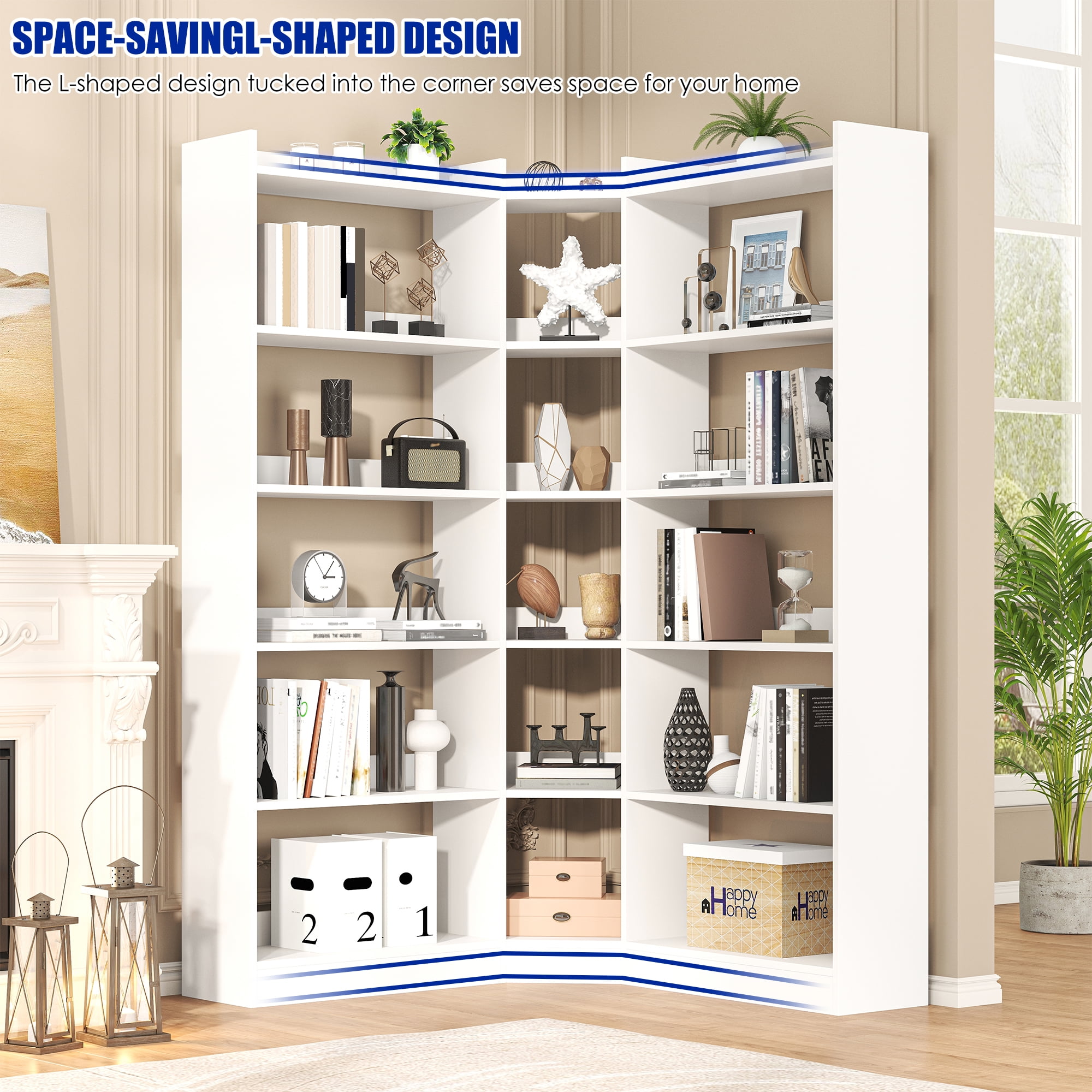 Triple Wide Corner Bookcase with 15 Cube, 6-Tire Bookshelf Display Storage Cabinet, Modern L-Shape Shelf Living Room Furniture for Home Office, White