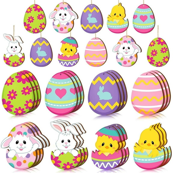 24Pcs Easter Bunny Eggs Wooden Patio Ornaments Hollow Out Easter Tree Party Home Outdoor Decor