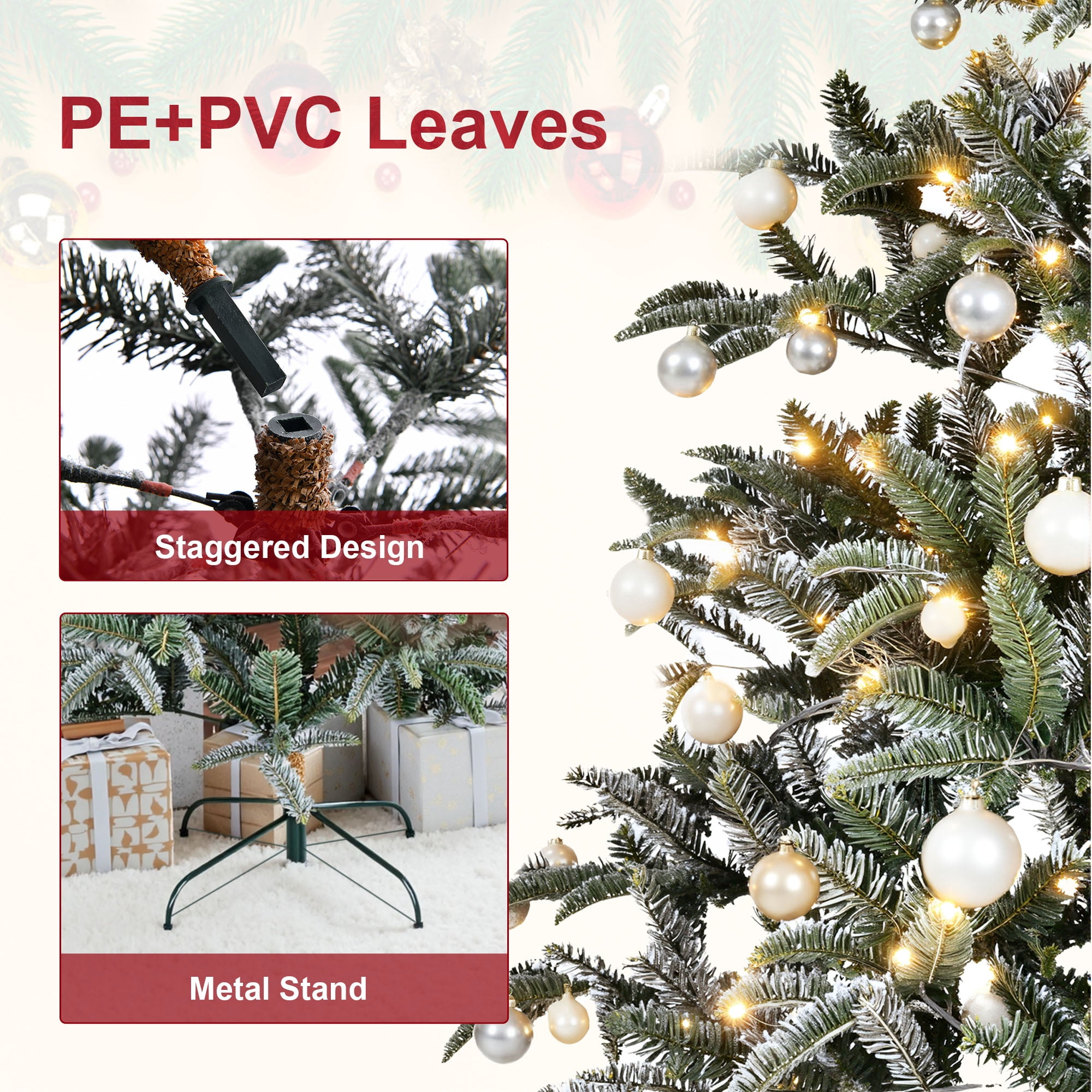 Fenbeli 7FT Snow-Flocked Artificial Christmas Tree with 800 Branch Tips and Metal Stand for Home and Office, Unlit