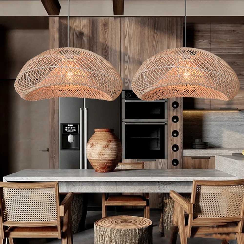 LittleGlovo Handmade Wabi-Sabi Rattan Woven Dining Room Pendant Lamp Wicker Light Fixture