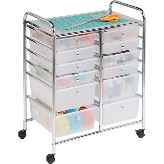 Rolling Storage Cart and Organizer with 12 Plastic Drawers
