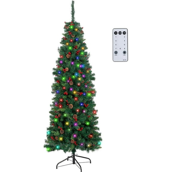 NALONE 5FT Pre-Lit Christmas Tree with Remote Control and Timer, Artificial Pencil Christmas Tree with 379 Tips, Pinecones Red Berries, 180 Lights, 9 Lighting Modes (Green Pencil Tree, 5 FT)