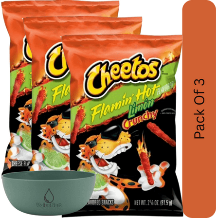 Cheetos Flamin’ Hot Limón Crunchy Cheese Snacks, Mini 2.875 oz Bag With Olive Green Bowl By ValueNest