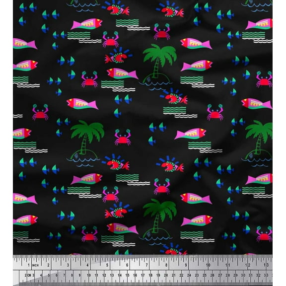 Soimoi Black Cotton Duck Fabric Palm Tree,Crab & Fish Ocean Printed Fabric 1 Yard 42 Inch Wide