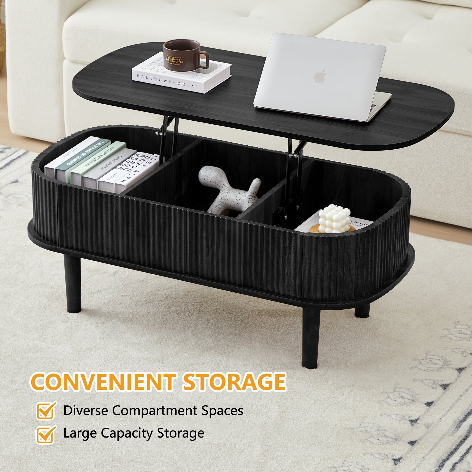 PHOYAL Wood Lift Top Coffee Table with Storage, Fluted Oval Coffee Table with Hidden Compartments for Living Room, Black