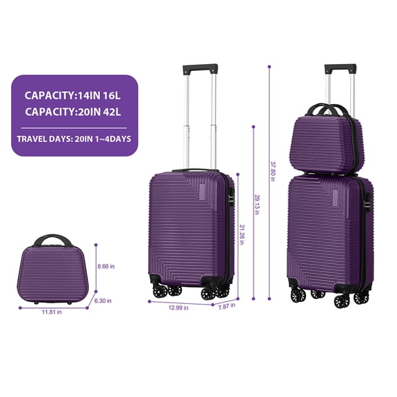 2 - Piece Luggage Set with 3 - Digit Combination Lock, 360° Quiet Spinner Wheels, Hardside Carry - On Suitcase & Cosmetic Case Purple
