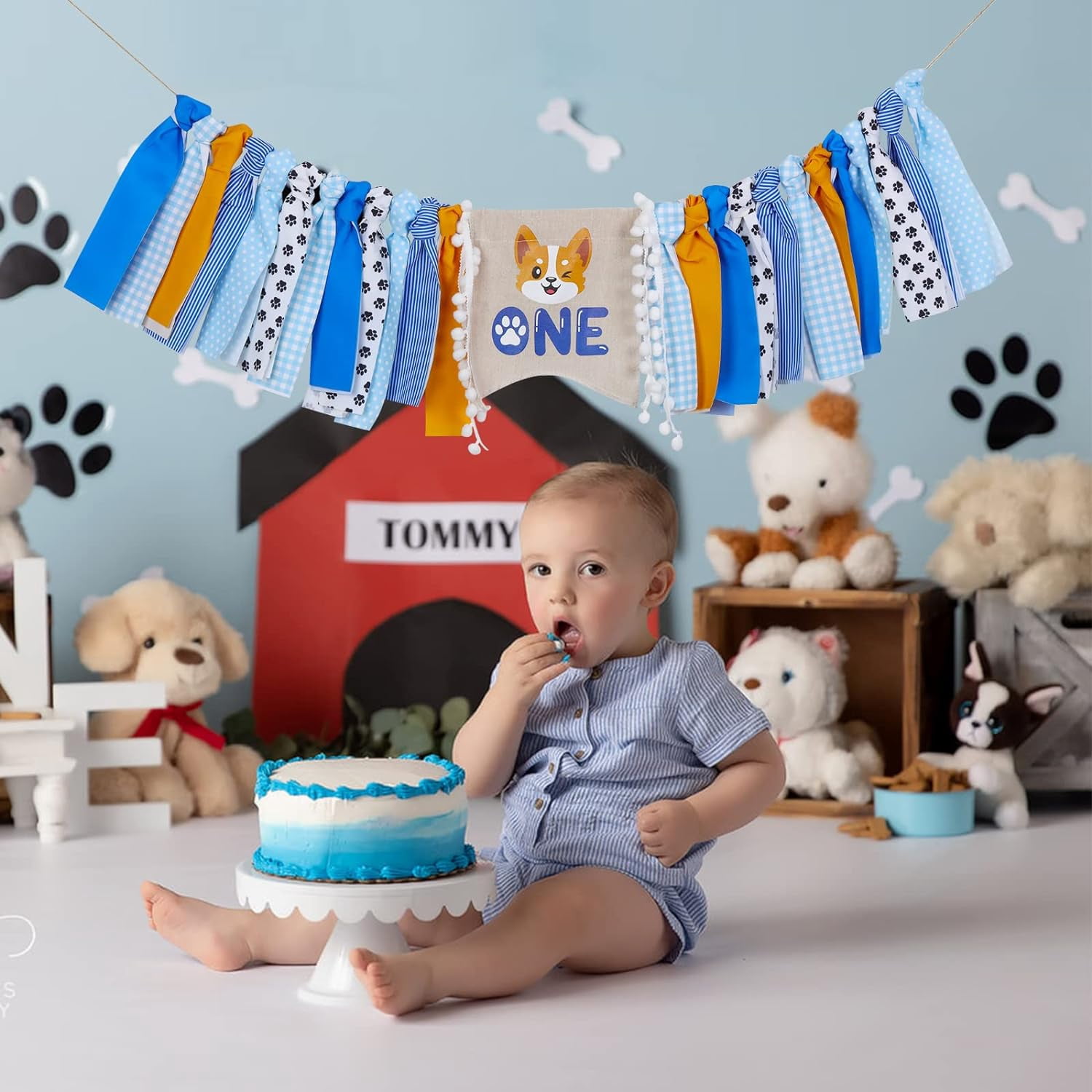 Dog Theme Birthday Party Decorations, Dog 1st Highchair Banner, Dog First Birthday Highchair Banner Boy Blue First Birthday Decorations for Boy Dog Theme Party Supplies