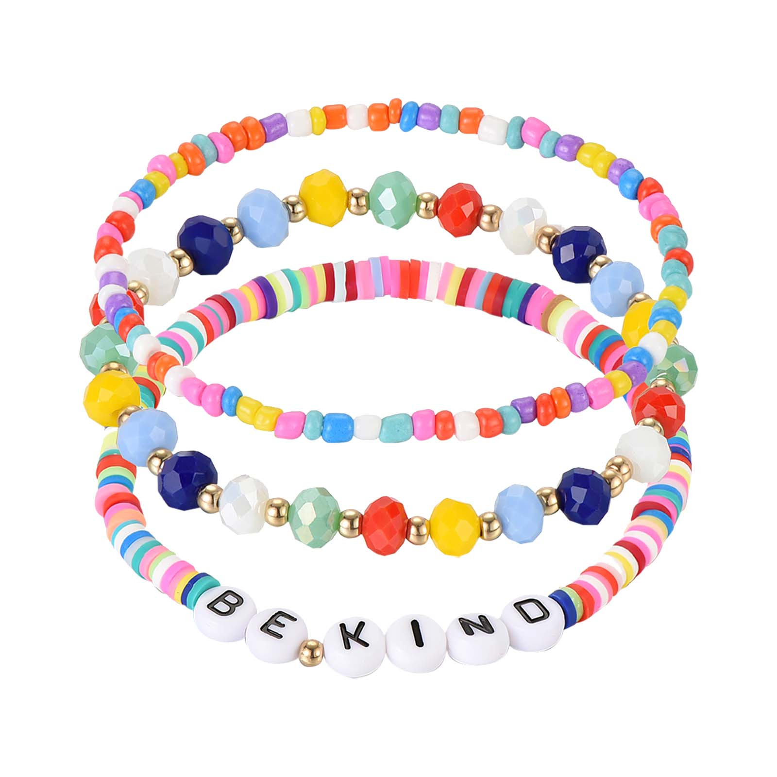 SDJMa 3PCS Rainbow Hue Hematite Round Artisan Beaded Stretch Alphabet Stitching Bracelet, Handmade Hypoallergenic Beach Gala Wedding Style Jewelry
