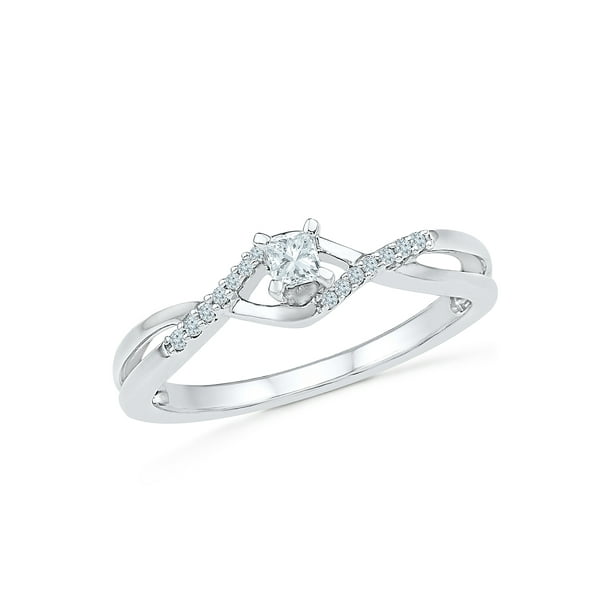 DGold 10KT White Gold Princess and Round Diamond Promise Ring (1/6 CTTW)