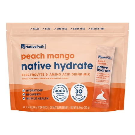 NativePath Hydrate Electrolyte Stick Packs, Peach Mango, Zero Sugar with BCAAs, 30 Count