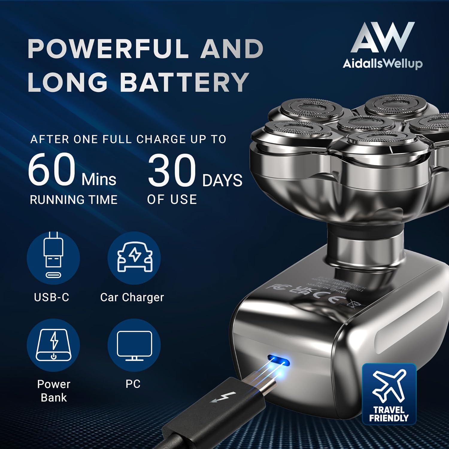 AidallsWellup 6D-1 Men 5-in-1 Electric Head Shaver for Bald Men- Anti-Pinch, Cordless and Rechargeable