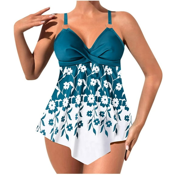 Akafmk Plus Size Tankini Swimsuits for Women Loose Fitting Floral Printed Swim Dress with Swim Brief Two Piece Bathing Suits Comfortable Athletic Swimwear, Sizes S-5XL