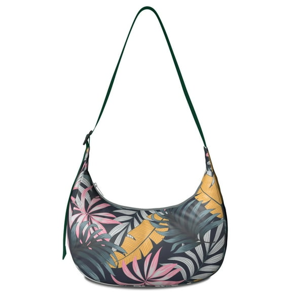Hawaiian Floral Jungle Leaves Crossbody Bag for Women Tropical Plant Corduroy Shoulder Purse with Adjustable Strap Palm Leaf Crescent Sling Bag