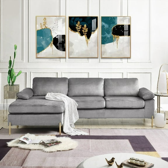 Shannon Velvet Sectional Sofa with Chaise - Solid Wood & Brass Gold Legs, Plush Velvet