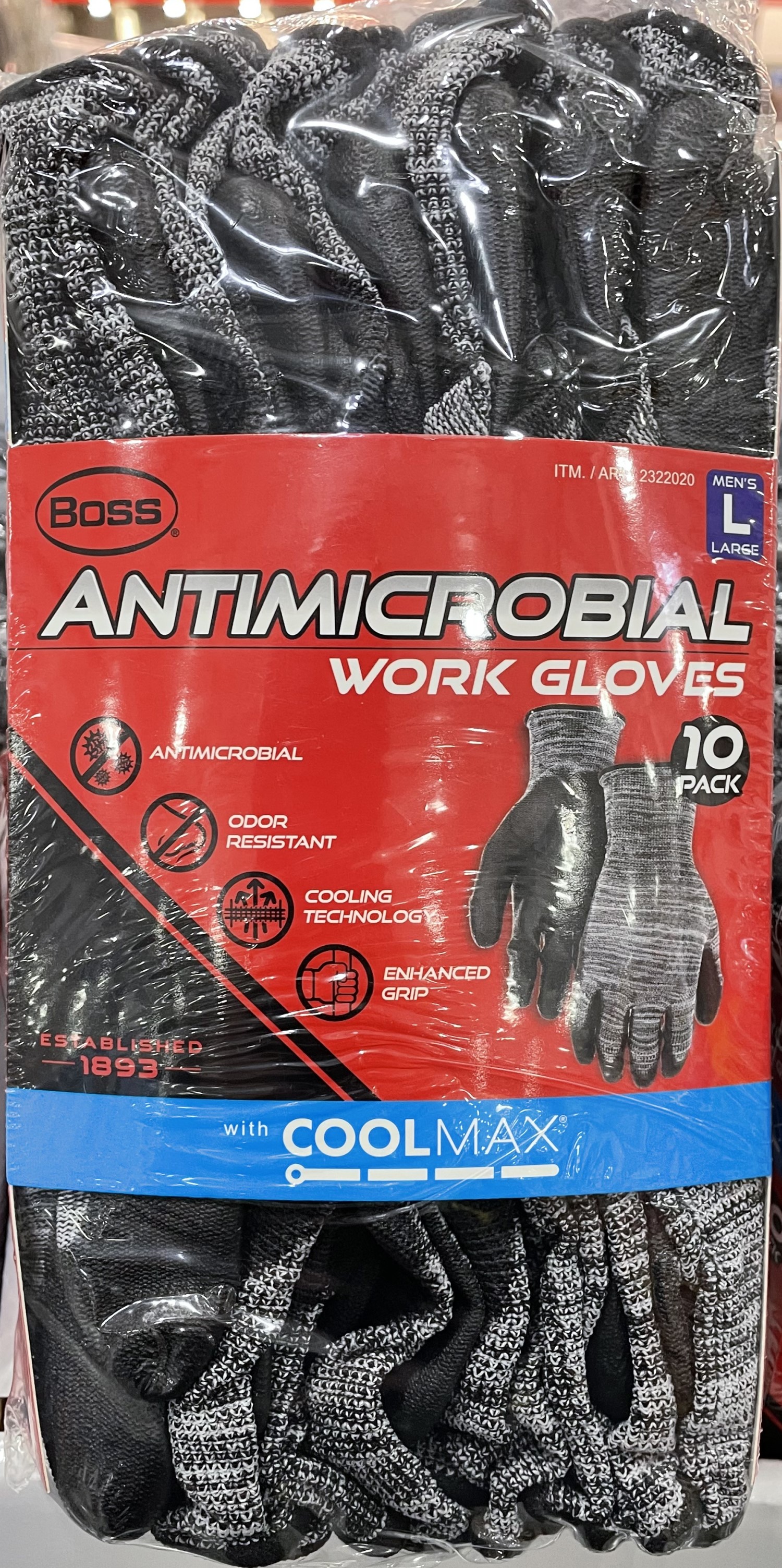 Mens 10 pack Antimicrobial Odor Resistant Work Gloves W/Coolmax Large