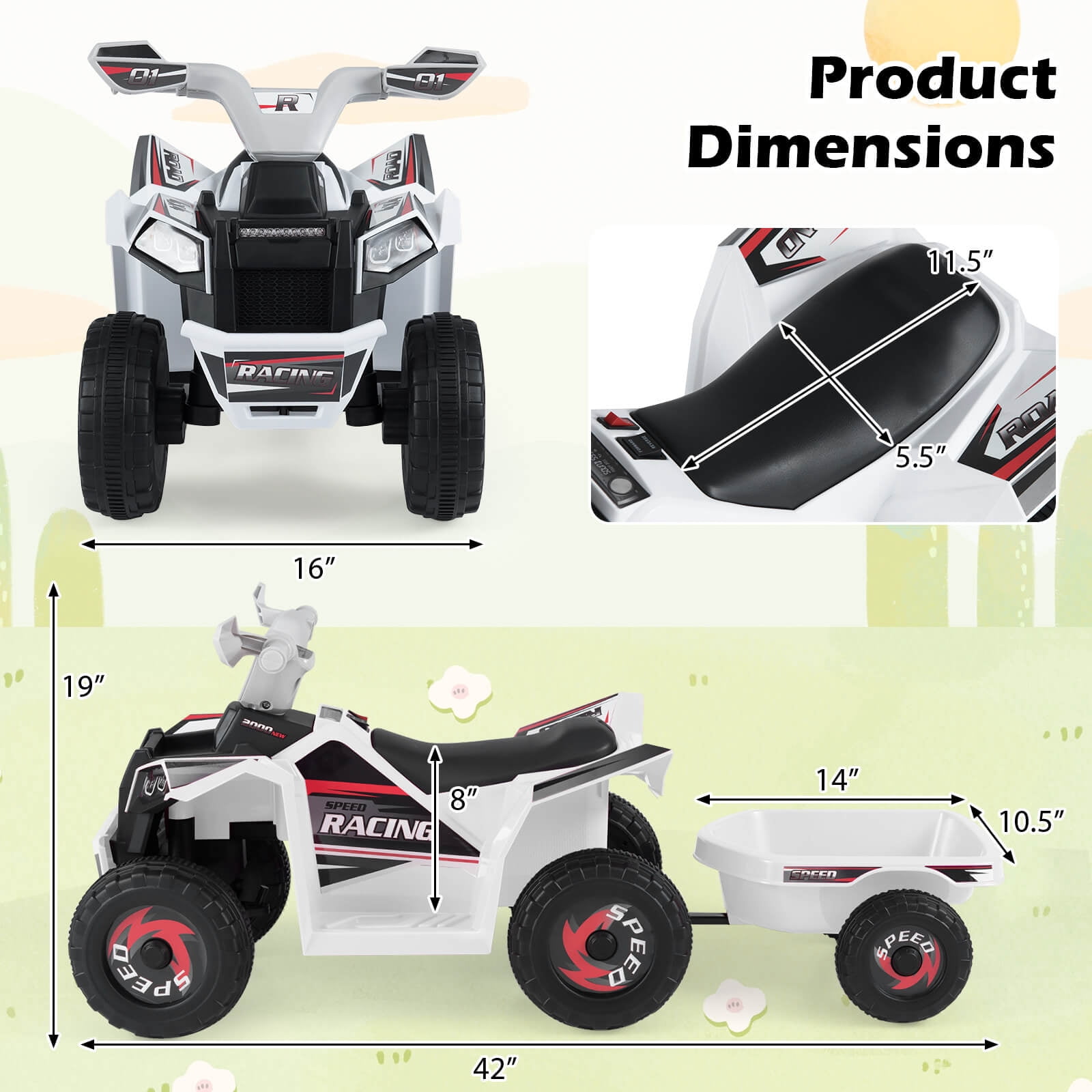 Costway Kids Electric ATV Car, 6V Battery-Powered Ride on Toy wirh Removable Back Trailer White
