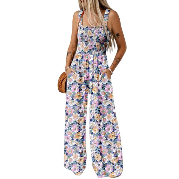 Women's Purple Floral Print Smocked High Waist Jumpsuit with Square Neckline - [ZhiHiMeRi] | (US 20-22)2XL