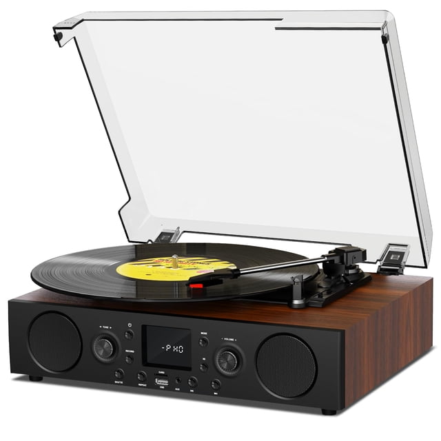 Tourne-disque avec Haut-Parleur Intégré, Plateau Tournant Bluetooth avec Enregistrement USB, Tourne-Disque Vintage à 3 Vitesses avec Réception Bluetooth, Radio FM, R