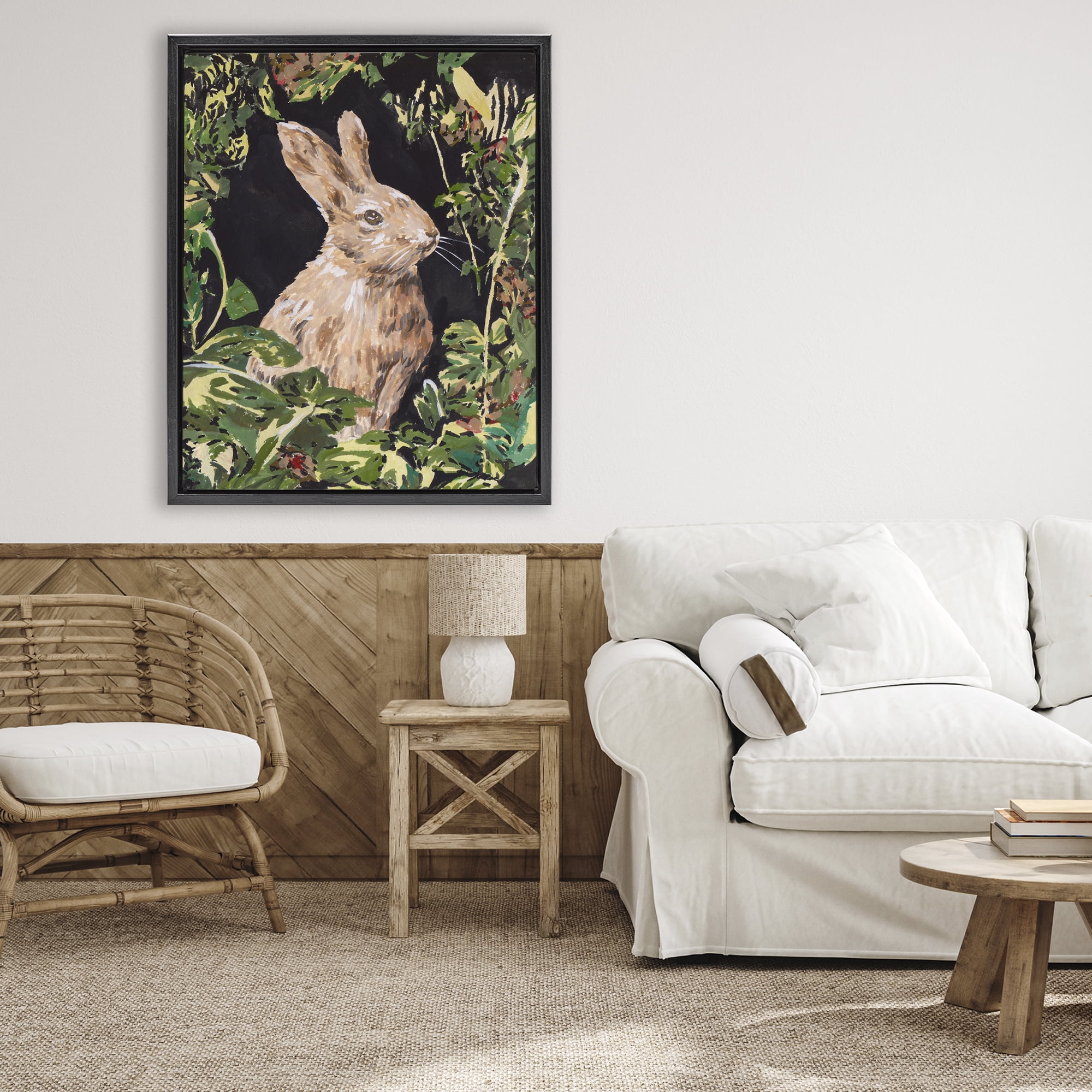Stupell Industries Wreathed Botanicals Rabbit Black Framed Floater Canvas Wall Art, design by Melissa Wang