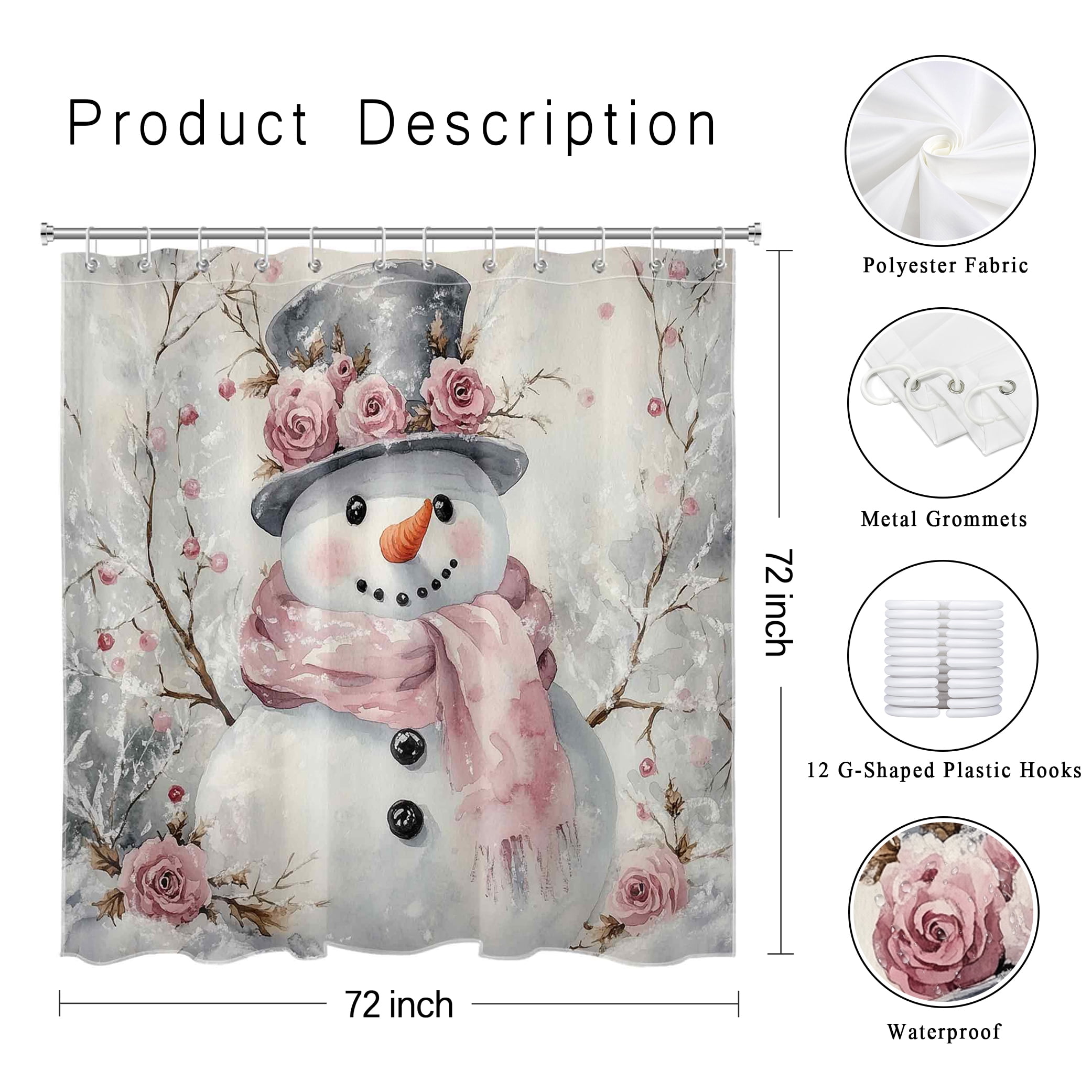 NEONWE Pink Christmas Snowman Shower Curtain Watercolor Flower Winter Forest Rustic Holiday Art Bathroom Shower Curtain Home Decor Polyester Waterproof Fabric with 12 Pack Plastic Hook 72" X 72"