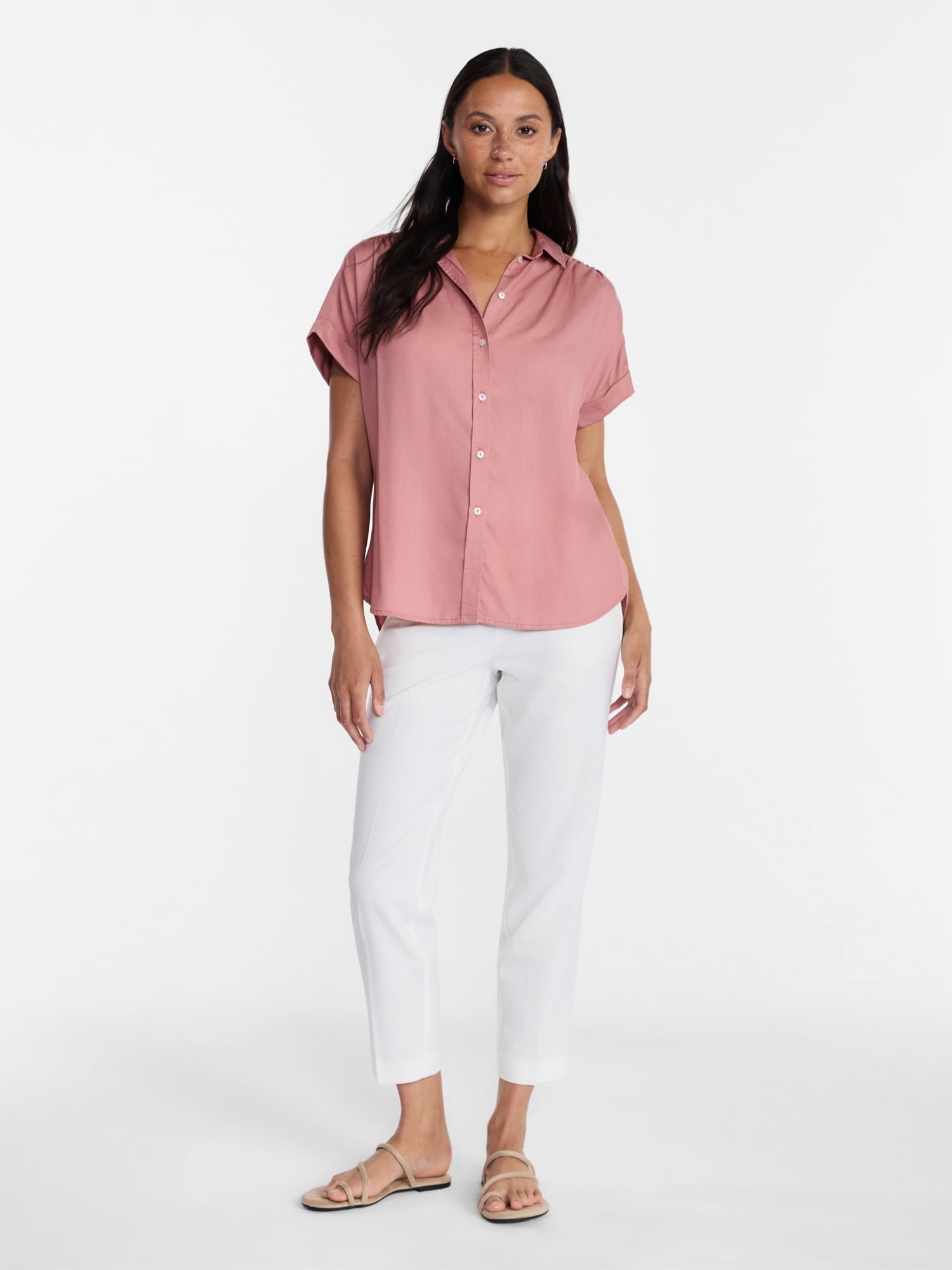Time and Tru Women's Chambray Camp Shirt with Short Sleeves, Sizes XS-XXXL