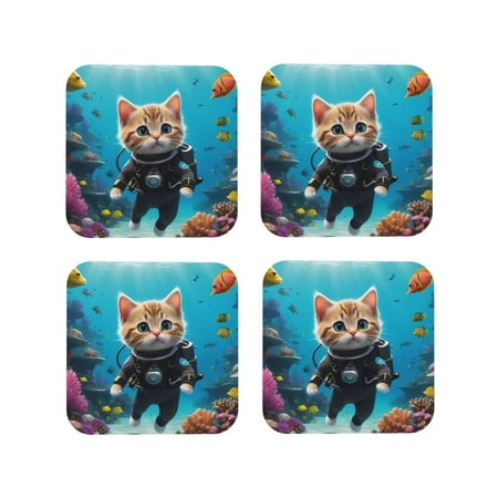 

Naloa Underwater Diving Cat Coasters for Set of 4 - PU Leather Coasters Coasters for Table Cup Tea Coffee Beer Decorative for Kitchen Homedecor (Round)