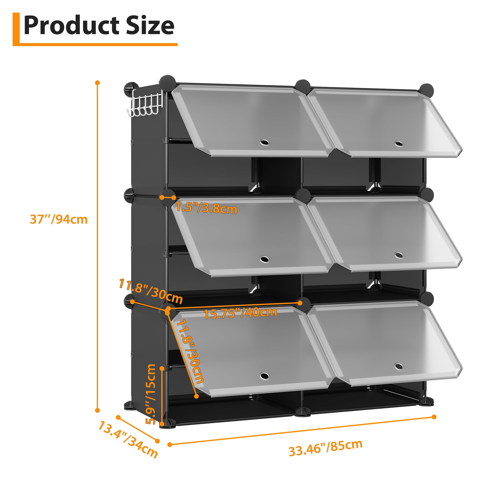 Modular 6-Cube Shoe Storage Cabinet with Doors – 6-Tier Plastic Shoe Organizer – Space-Saving – Easy DIY Assembly – for Entryway, Bedroom, Living Room – Black