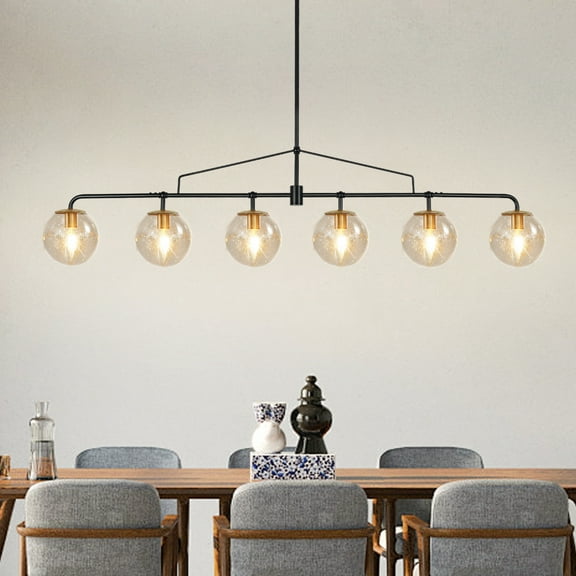 Dining Room Chandelier Linear Chandelier with Seeded Glass Shade 6-Lights Globe Chandelier Light Fixture for Living Room Kitchen Island Farmhouse Over Table Diameter 51 Inch
