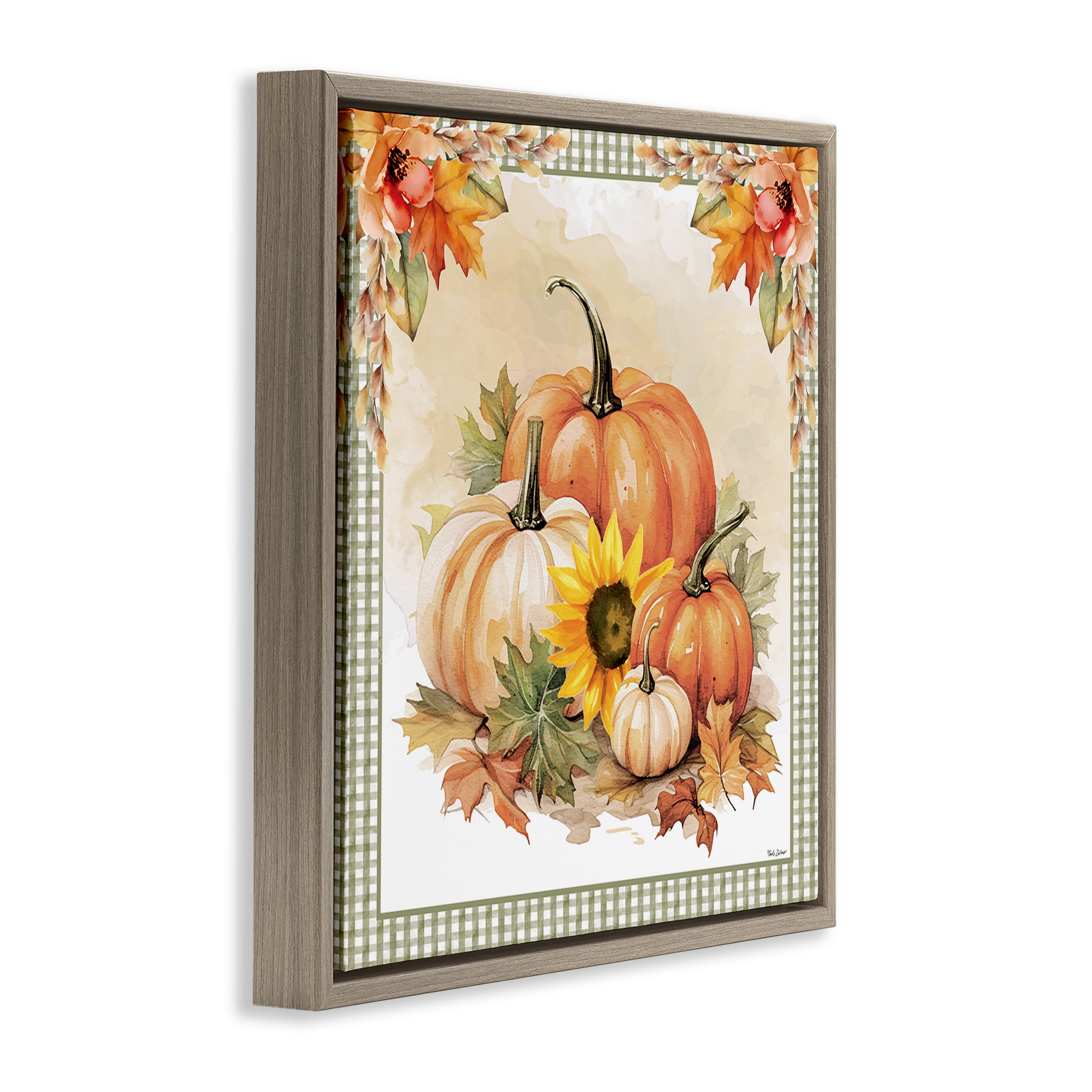 Stupell Industries Autumn Pumpkins Floral Border Botanical & Floral Painting Brown Floater Framed Canvas Art Prints Wall Art, 25 x 25