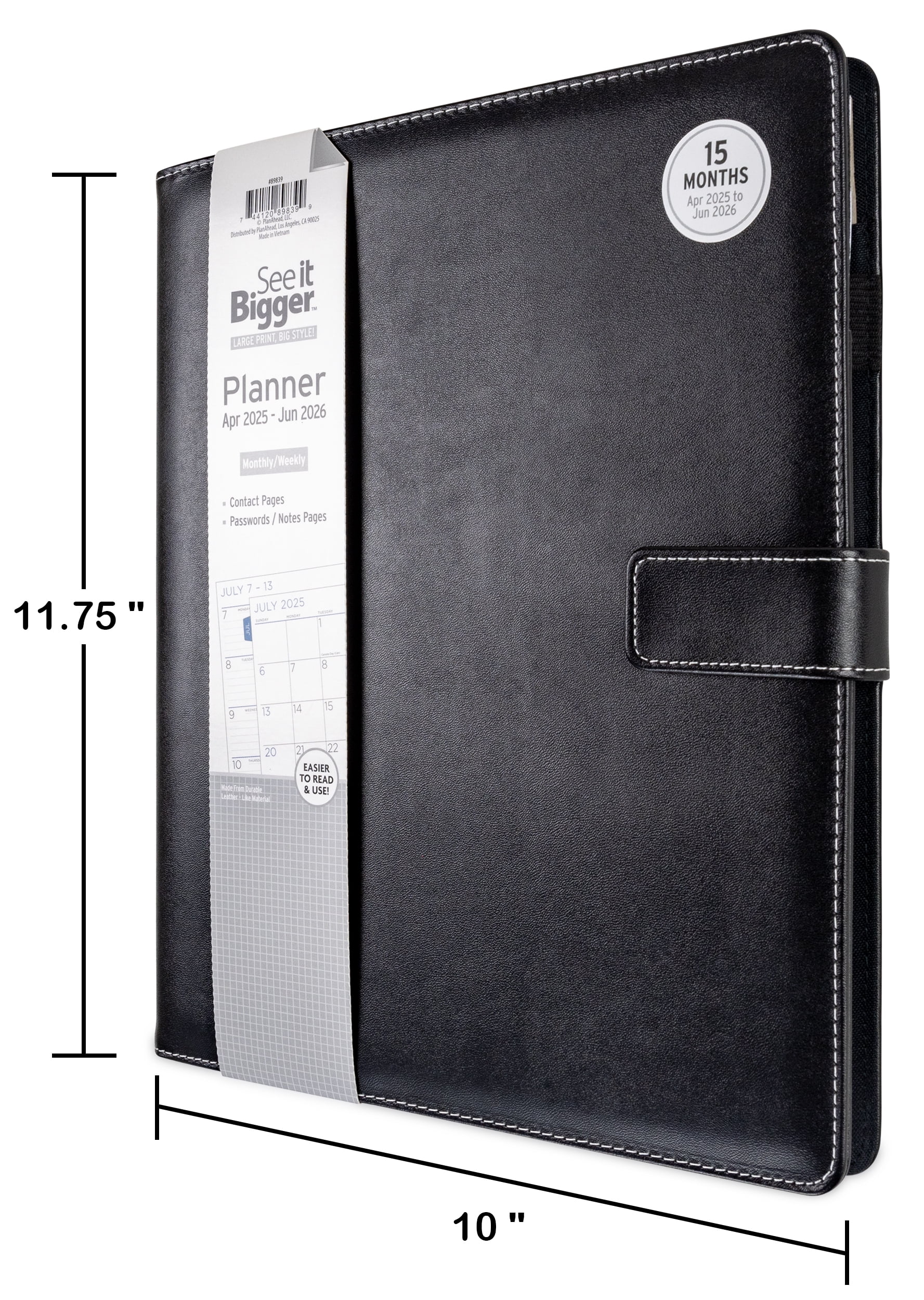 See it Bigger Monthly Weekly Padfolio Planner (10″ x 6″) Large Black, 15 month, Apr 2025-Jun 2026