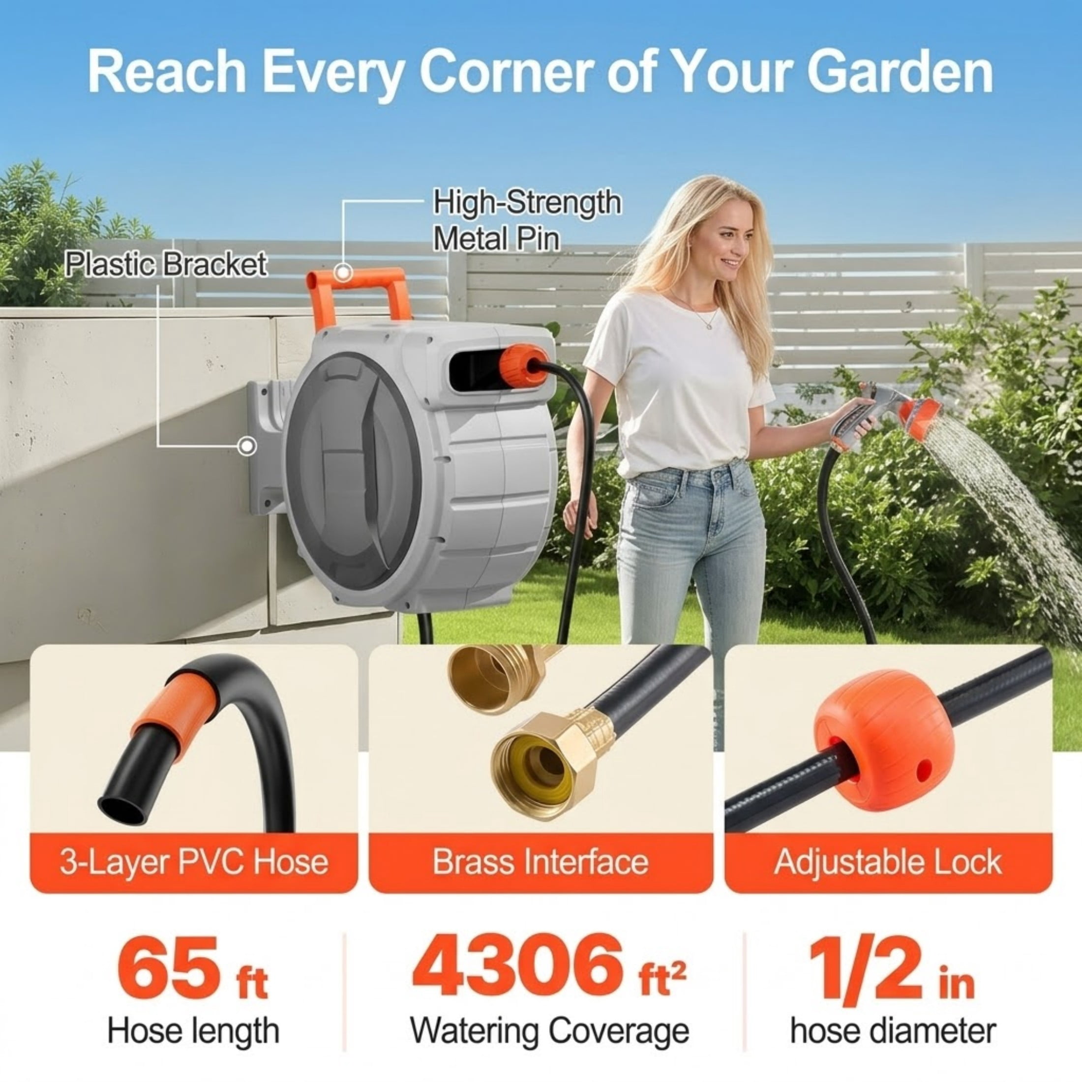 Wall Mounted Retractable Hose Reel with 180° Swivel, 65ft x 1/2" Hose and 9-Pattern Nozzle