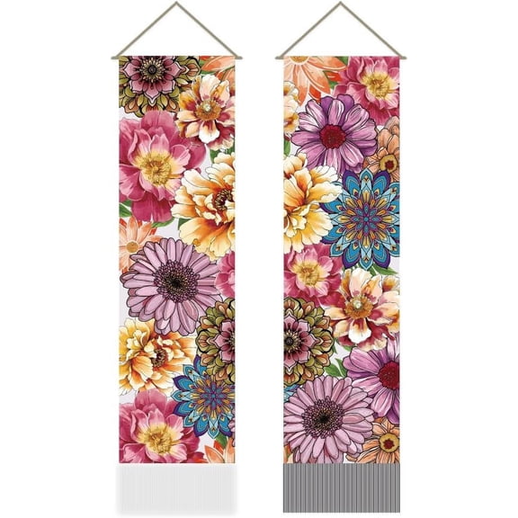 2 Pcs Colorful Floral Tapestry Peony Long Vertical Wall Hanging Bohemia Tassel Tapestry for Bedroom and Living Room (45.7x13 Inch)