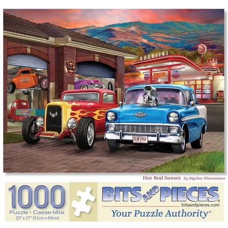 Bits and Pieces Jigsaw Puzzle Hot Rod Sunset Classic Cars 1000 Pieces Random Die Cut 20" x 27"