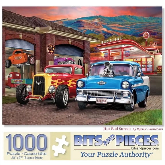 Bits and Pieces Jigsaw Puzzle Hot Rod Sunset Classic Cars 1000 Pieces Random Die Cut 20" x 27"