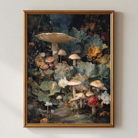 Mushroom Forest, Botanical Fine Art Print, Enchanted Woodland Wall Art, Vintage Nature Decor, Romantic Cottagecore Home Decor #863, Unframed Poster Size 8x12