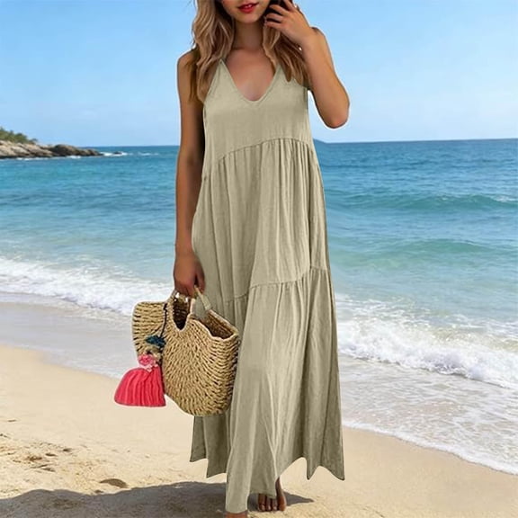 Lutiedan Dresses for Women Summer Cotton Linen Sleeveless Casual Beach Dresses V Neck Pleated Vacation Party Maxi Dress with Pockets