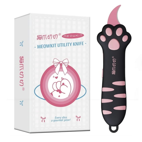 Meowkit Retractable Cat Paw Box Cutter, Cute Black & Pink Multi-purpose Utility Knife with Safe Slide Blade