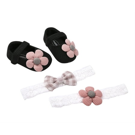 

3Pcs Newborn Baby Girls Baptism Shoes and Headband Set Soft Sole Floral First Walkers Party Pageant Princess Flats + Hairbands Set