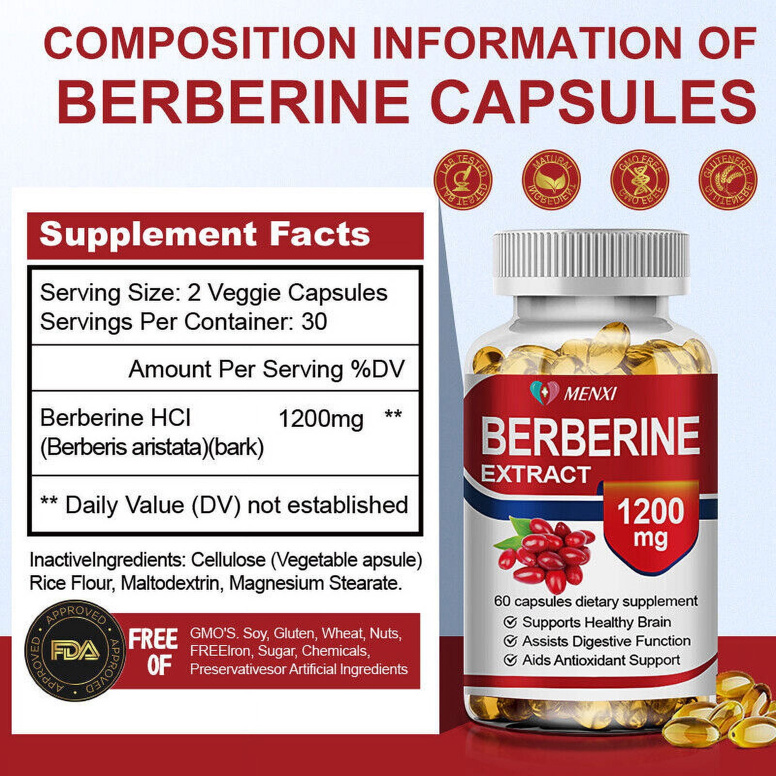 MENXI Berberine with Ceylon Cinnamon 1200mg Blood Sugar Support Supplement Health Immune,240 capsules