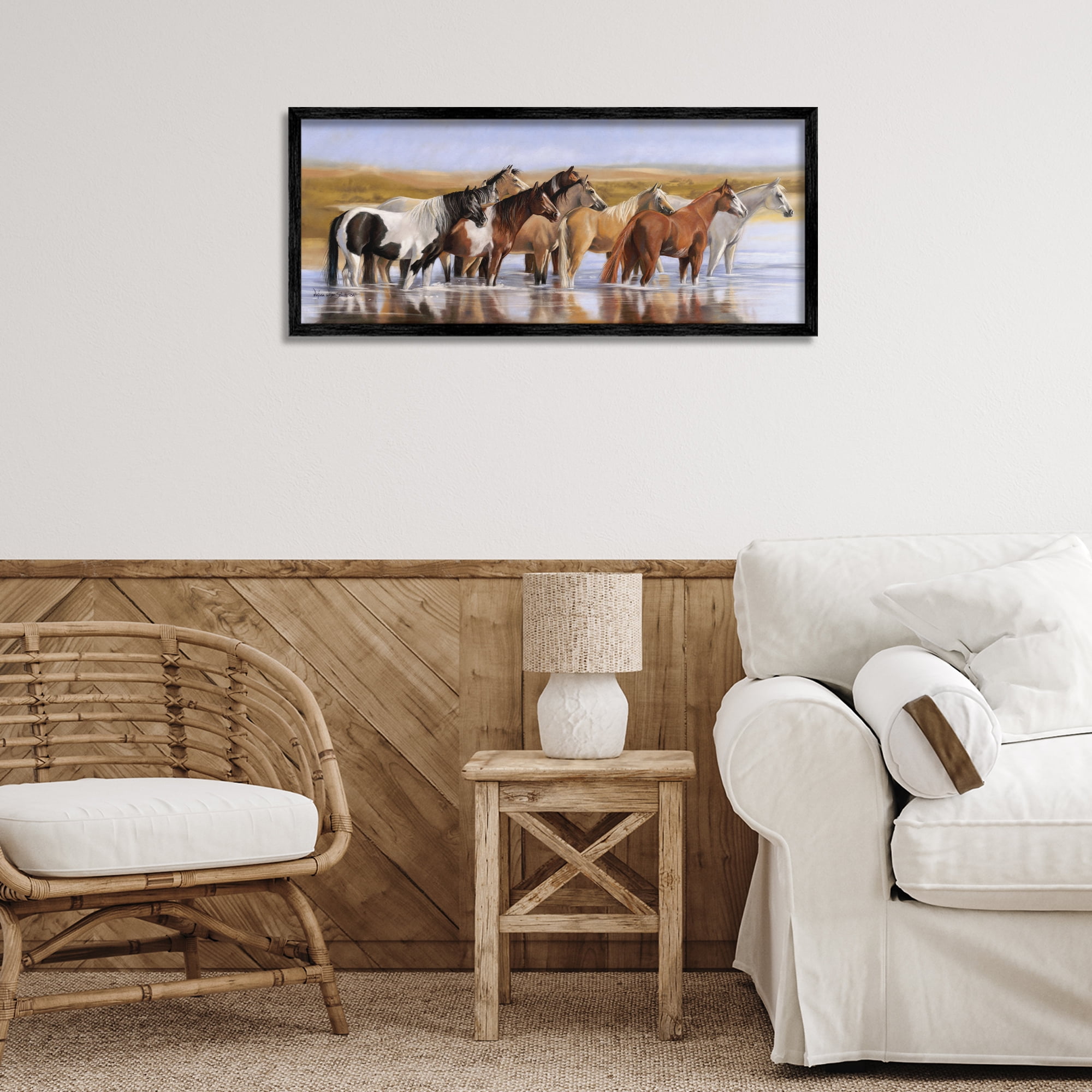 Stupell Industries Horse Herd in River Animals & Insects Painting Black Framed Art Print Wall Art, 30 x 13