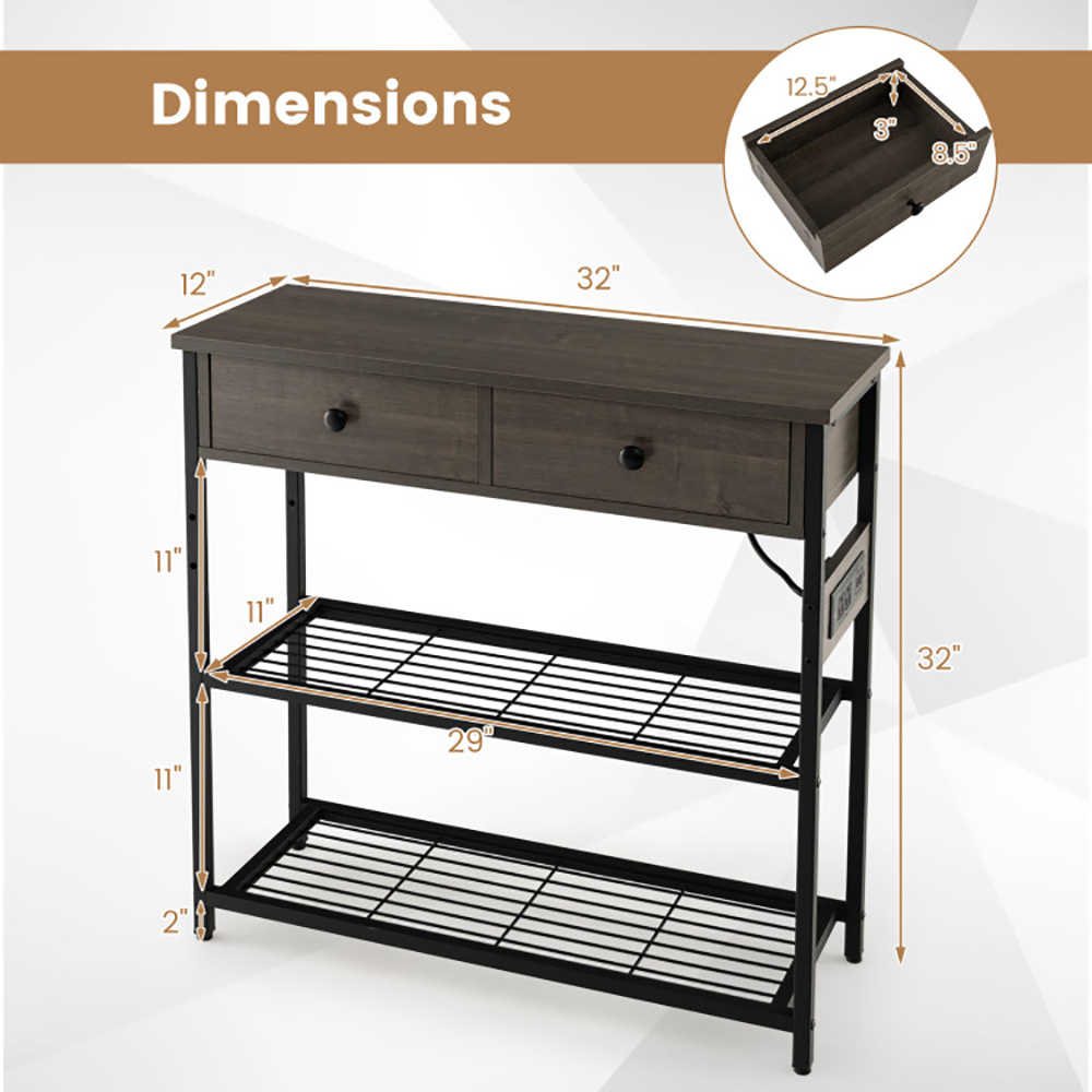 Resenkos Narrow Console Table with 2 Drawers and 2 Metal Mesh Shelves-Gray, Narrow Console Table, Entryway Hall Table with Shelves for Foyer & Entry Spaces