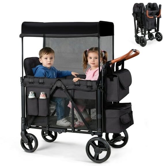 UBesGoo Wagon Stroller for 2 Kids, High Seat & 5 Point Harness, Foldable All-Terrain Wagon for Toddler with Removable Canopy, Adjustable Handlebar, Large Storage Bag, Black