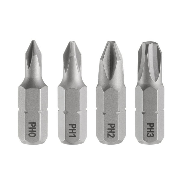 Uxcell 4pcs PH0/PH1/PH2/PH3 Punta de destornillador Phillips 1/4" Hex Shank 25mm/1" Longitud Magnética Bits de Cabeza Cruzada Hex S2 Acero Punta de destornillador