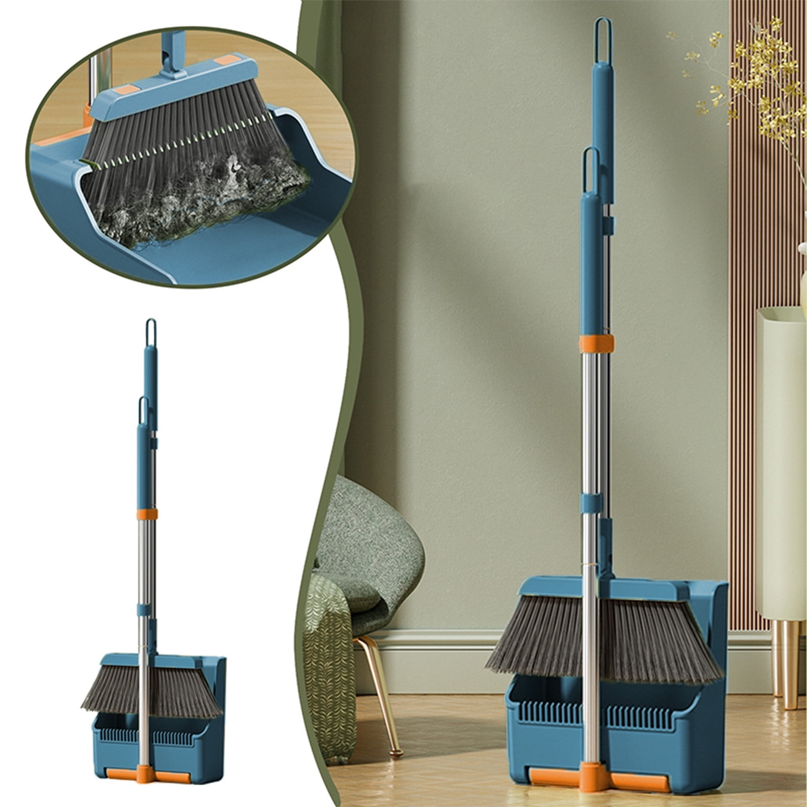 Broom and Dustpan Set, Dust Pan and Broom with Long Handle Heavy Duty